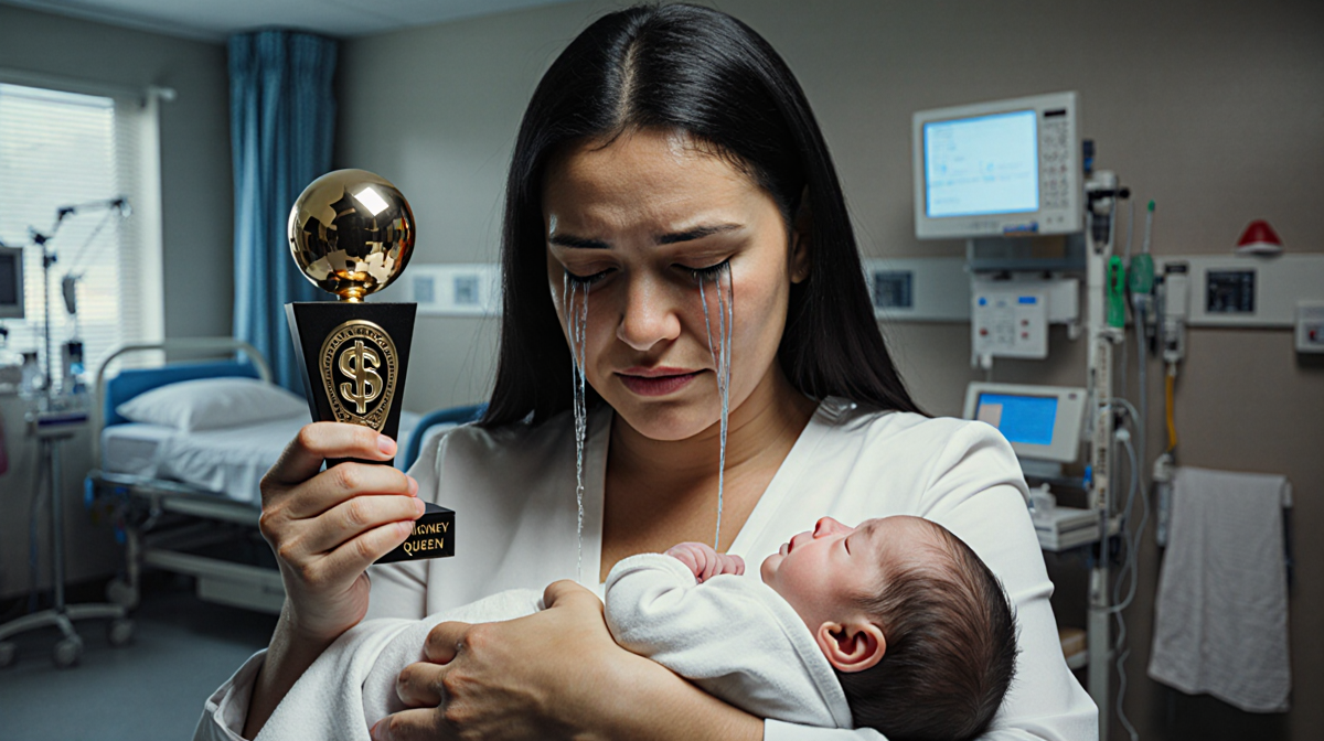 Amanda Frances holds twin newborn Zion with tears streaming clutching a miniature Money Queen trophy near a faint NICU bed.