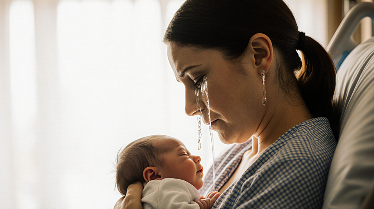 Amanda cradles her newborn twin son with tears and golden hospital light illuminating her grief