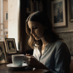 Amanda Knox sits at a dim Italian café holding a coffee with vintage books and a Roman window behind her.