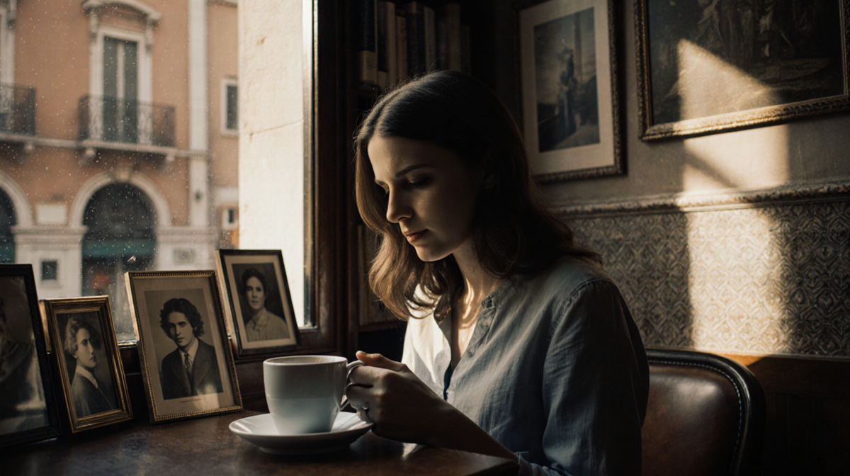 Amanda Knox sits at a dim Italian café holding a coffee with vintage books and a Roman window behind her.