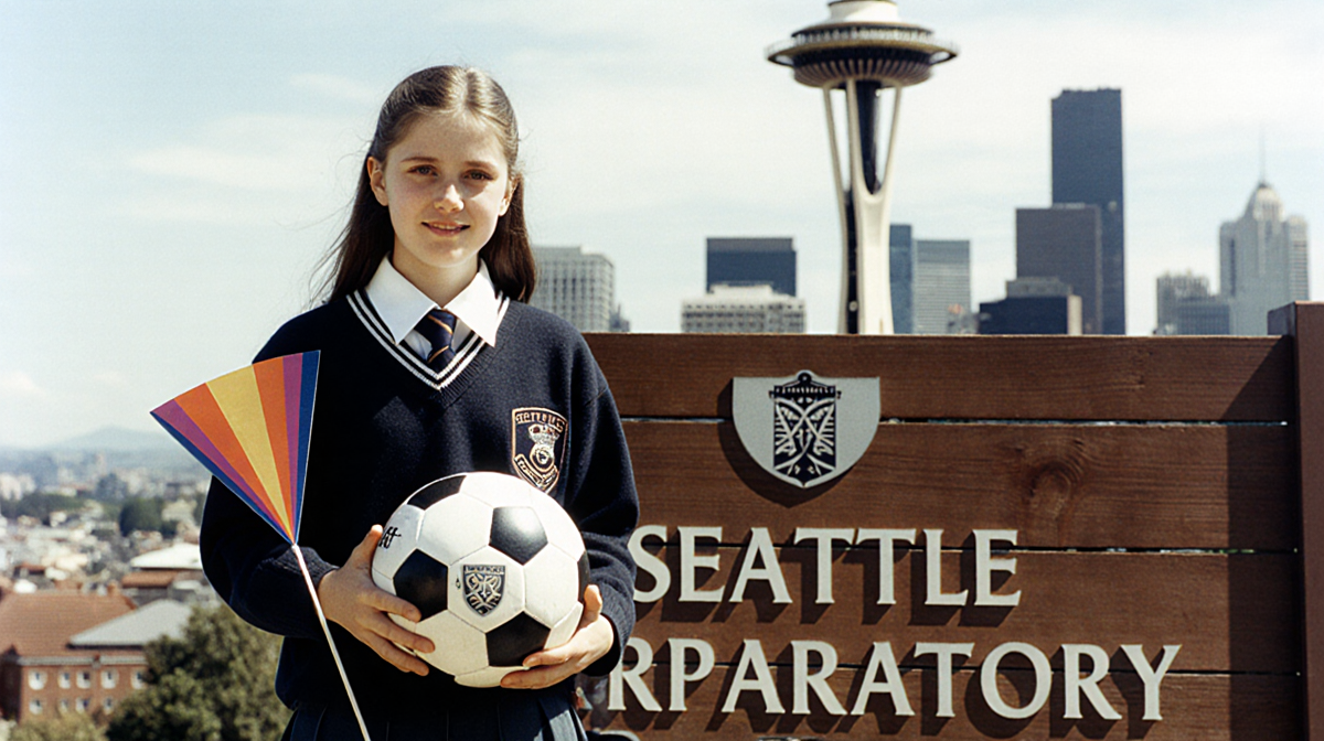 Amanda Knox in uniform with soccer ball and theater prop near Seattle Prep sign with cityscape