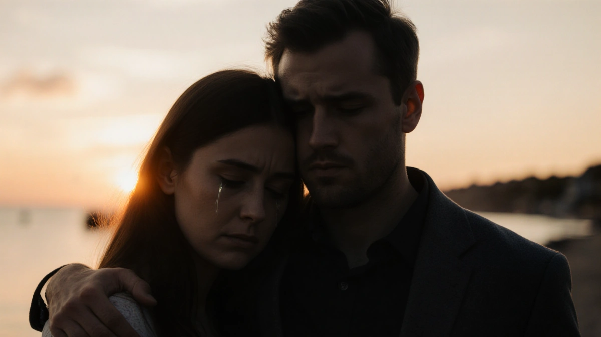 Amanda Batula and Kyle Cooke standing together at sunset with downcast expressions and tears showing relationship tension