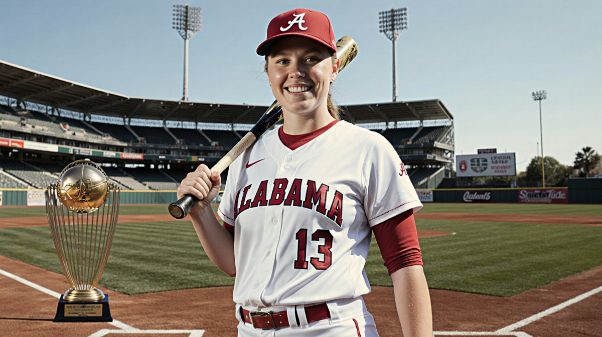 Amanda Locke standing in Alabama Crimson Tide softball uniform holding a bat with an NCAA championship trophy in view