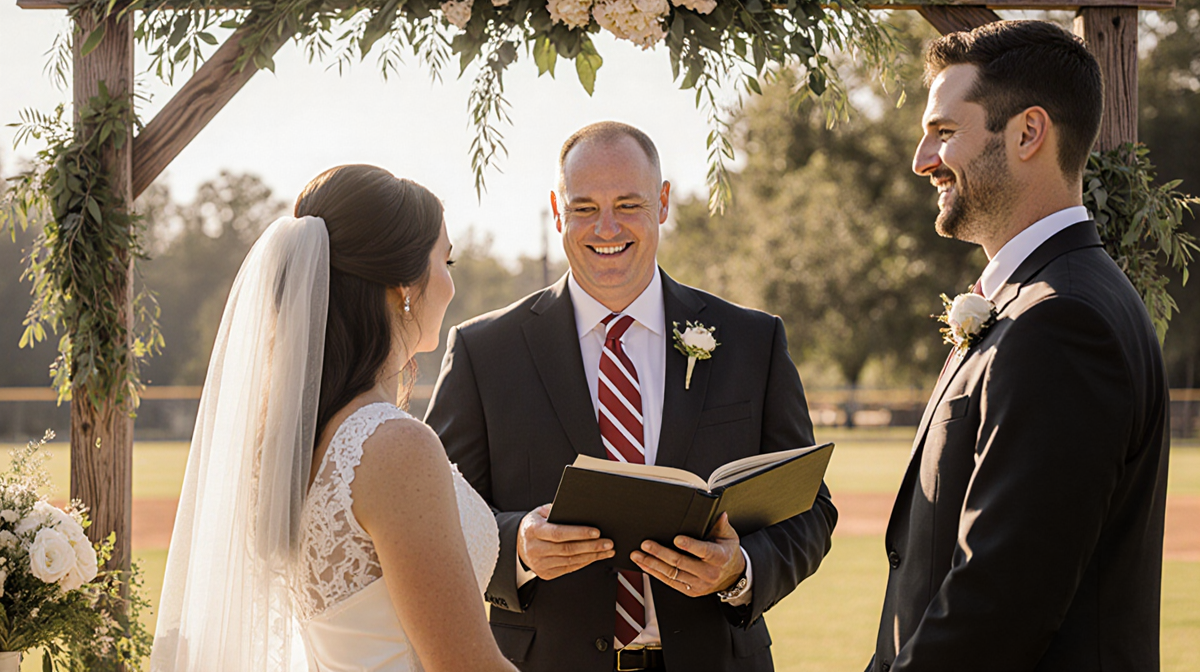 Patrick Murphy officiating wedding with Amanda Locke and groom smiling under a warm golden wooden arch