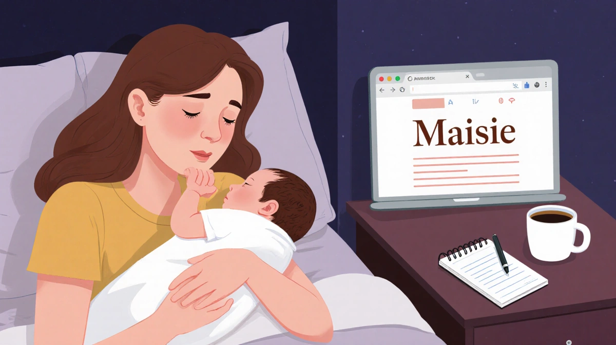 Amanda holding her newborn baby with thoughtful expression and the name Maisie visible on a book in the background