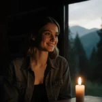 Amanda Seyfried sits in rustic cabin with candlelight illuminating her face and forest visible through window
