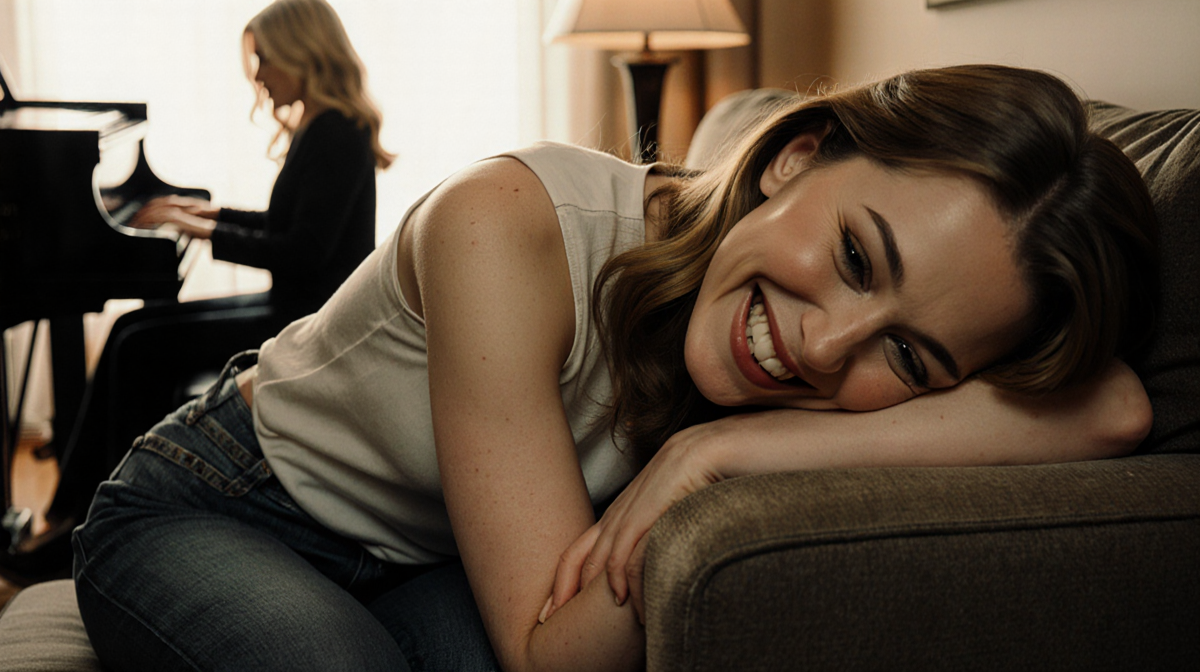 Amanda Seyfried slumping over a couch with a wide grin as if singing and a faint outline of Kelly Clarkson near a piano in wa