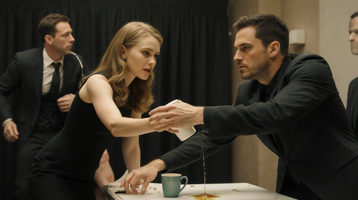 Amanda Seyfried blocking makeup artist from drinking contaminated cup with Channing Tatum urinating behind her