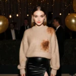 Amanda Seyfried stands at Golden Globes afterparty with gold balloons twinkling lights and cozy sweater over elegant dress