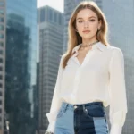 Amanda Seyfried poses in two-tone jeans with white blouse and city skyline behind