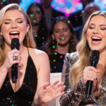 Amanda Seyfried singing duet with Kelly Clarkson on couch while stage lights swirl around them and audience in background