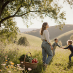 Amanda Seyfried standing in a green meadow in farm attire with basket of produce and two children playing tag in background