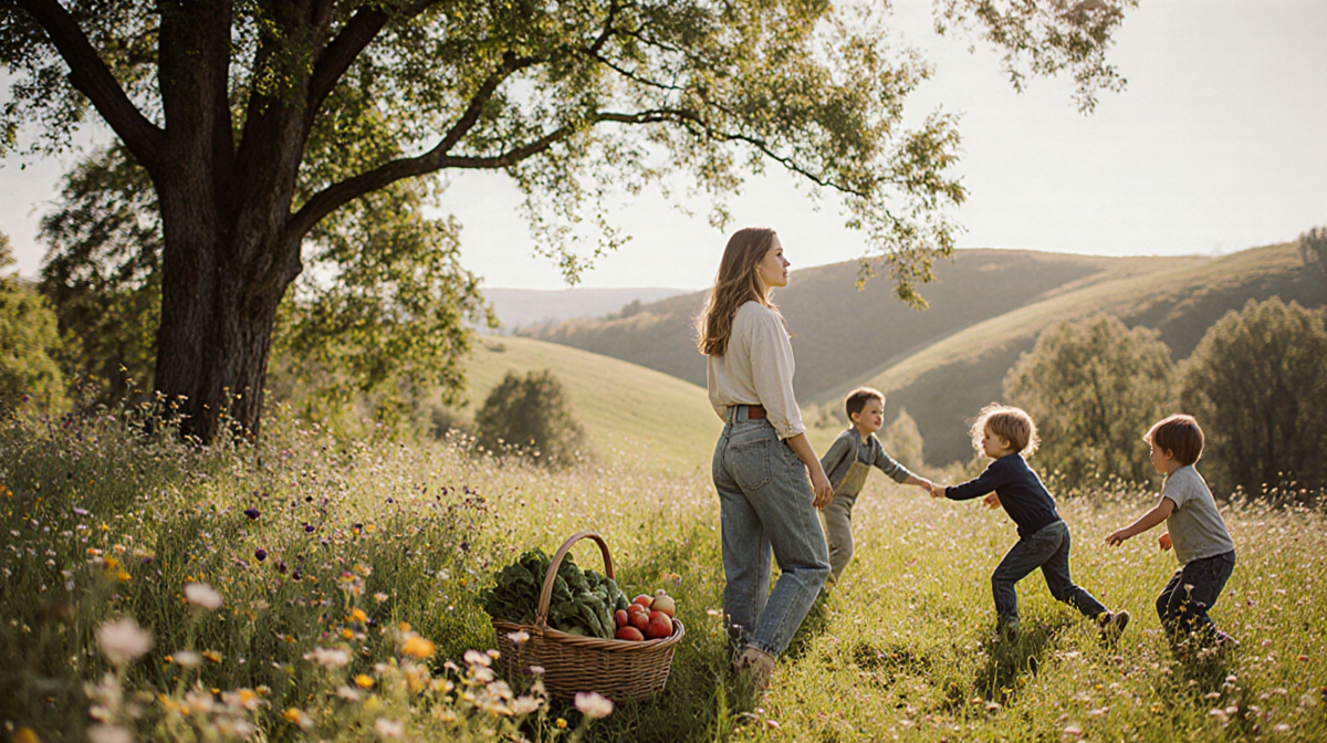 Amanda Seyfried standing in a green meadow in farm attire with basket of produce and two children playing tag in background