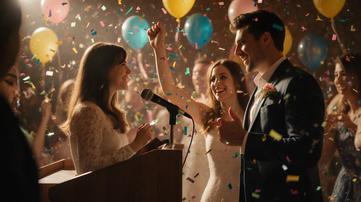 Amanda giving heartfelt wedding speech at podium with joyful couple dancing and colorful confetti falling