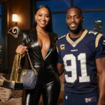 Amari Thomas proudly holds championship trophy and bold chic handbag with golden lighting in luxurious sports lounge