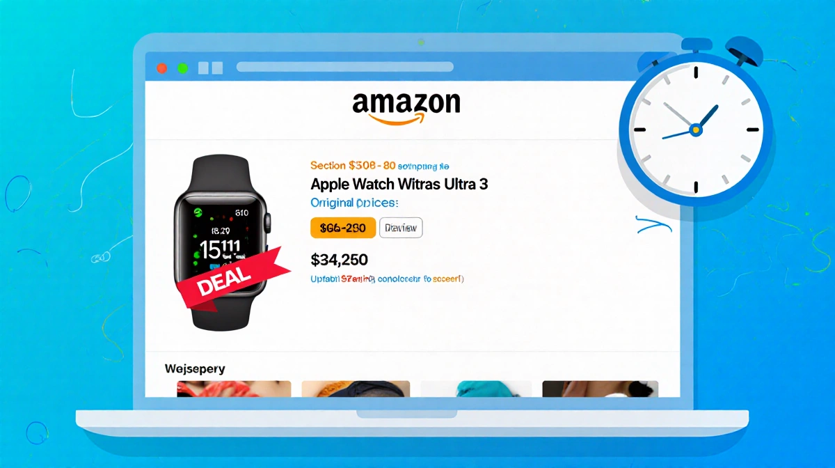 Laptop screen shows Amazon deal on Apple Watch Ultra 3 with red savings badge and countdown timer
