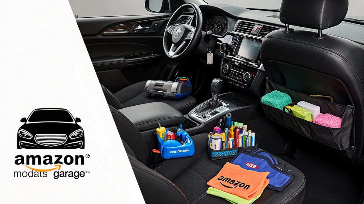 Clean car interior shows Amazon car accessories with vacuum and organizer on dashboard and seats