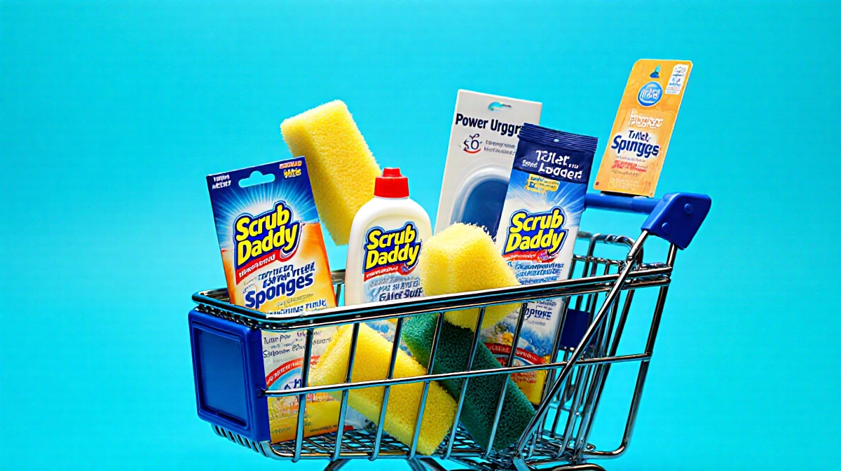 Amazon cart holds colorful Scrub Daddy sponges with budget cleaning products and Power Players showing savings