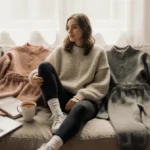 Woman relaxes on couch with Amazon fashion collection and coffee showing cozy self-care moment