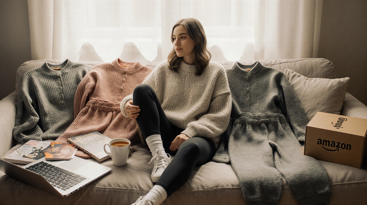 Woman relaxes on couch with Amazon fashion collection and coffee showing cozy self-care moment
