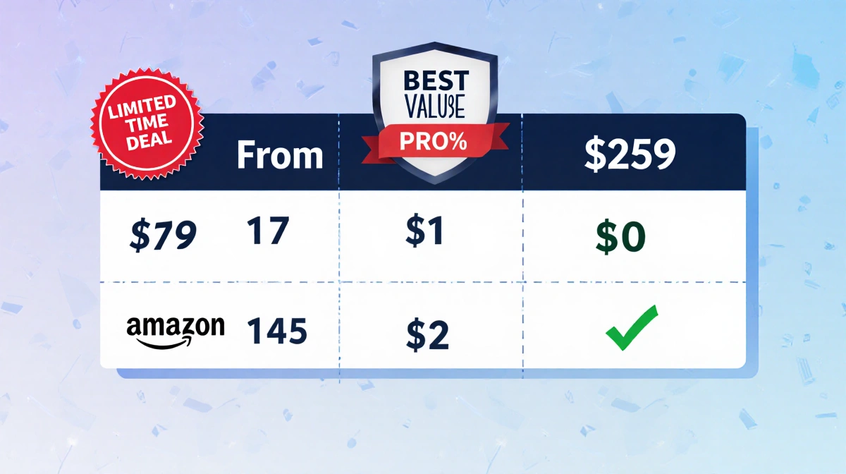 Amazon price comparison table showing $80 savings with limited-time deal badge and best value checkmark