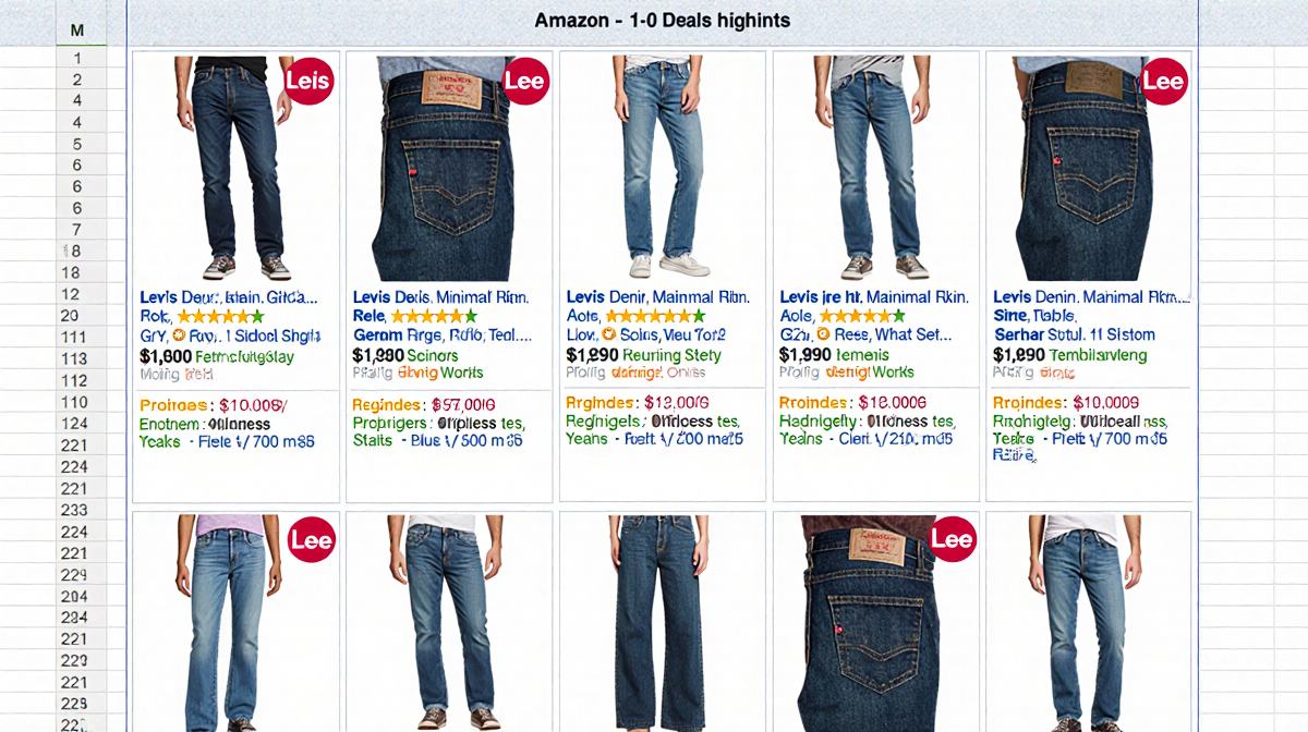 Denim product thumbnails arranged in a bright grid with bold Levi's and Lee labels and Amazon discount prices
