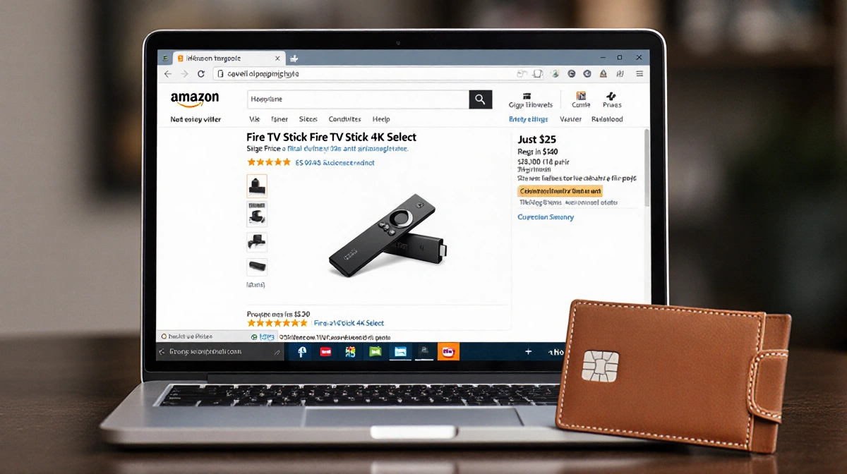 Laptop screen shows Fire TV Stick 4K Select with sale price $25 and regular price $40 on Amazon page with wallet nearby