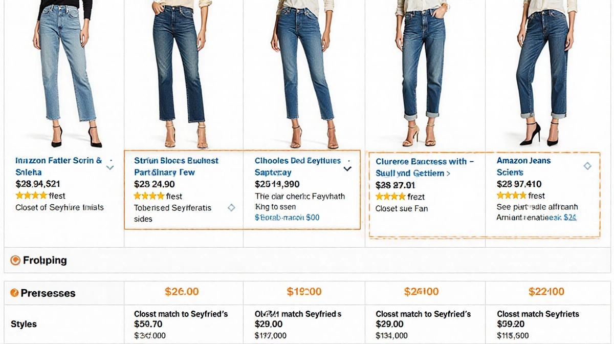 Table comparing Amazon jeans styles with prices and the closest match to Seyfried's pair highlighted in larger text