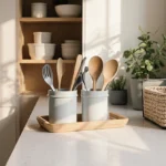 Neatly organized kitchen counter displays Amazon storage baskets with utensils and plants showing tidy space