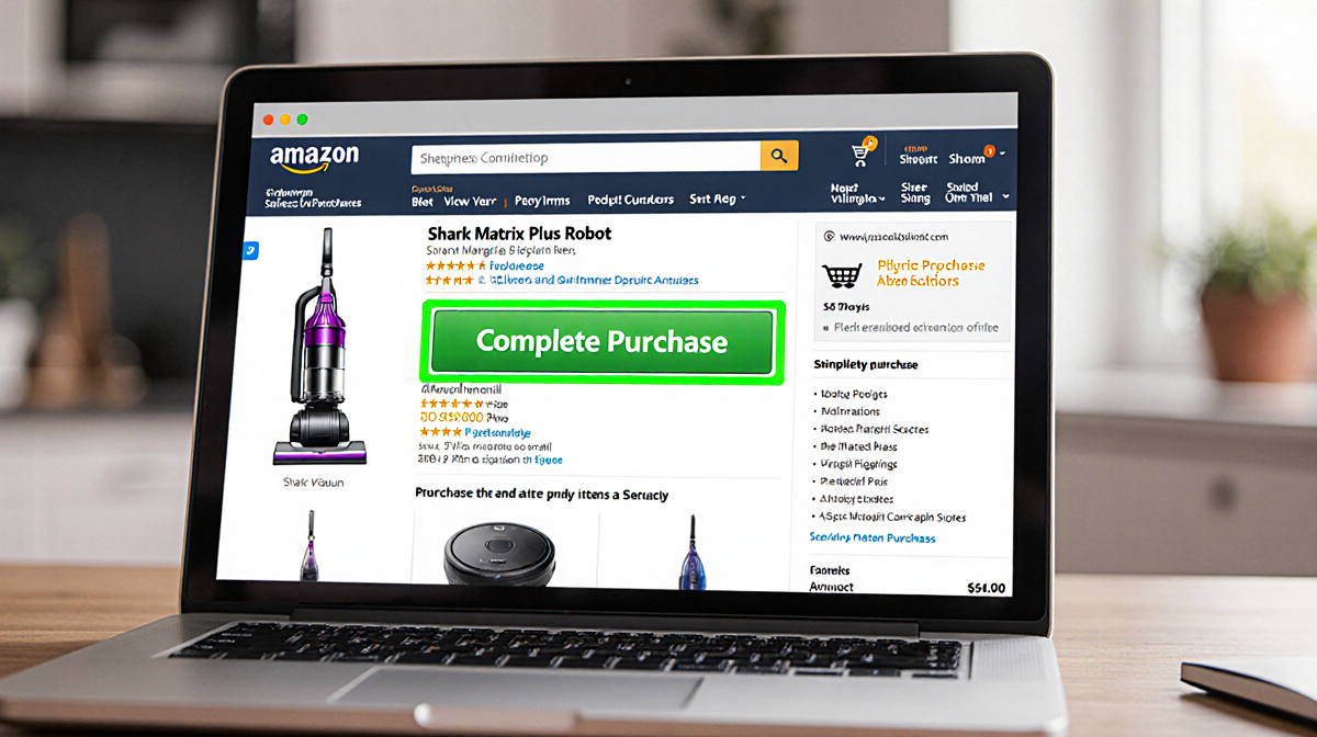 Laptop screen showing Amazon page with green Complete Purchase button and cart icon containing Shark Matrix Plus robot vacuum