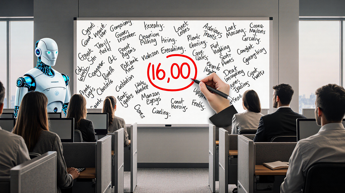 Whiteboard marked with 16000 cut in red to show Amazon layoffs with cubicle rows in background and a faint AI figure.