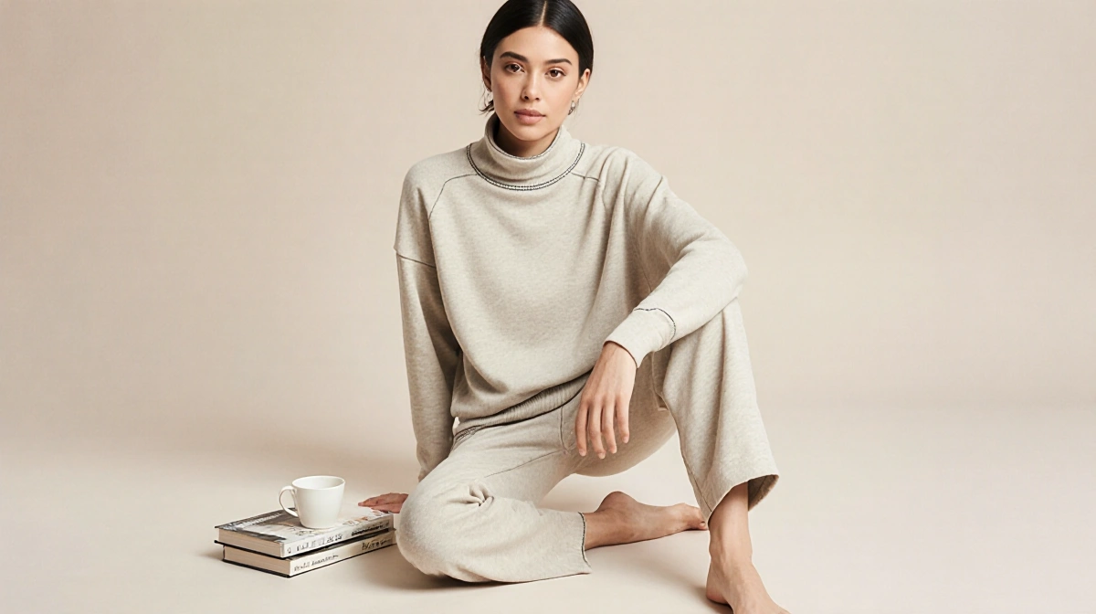 Amazon lounge set rests with turtleneck sweater and wide-leg pants showing seam details and soft fabric