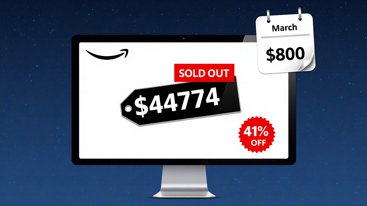 Computer monitor showing price tag $474 with red DISCOUNT sticker and March calendar background featuring Amazon logo.