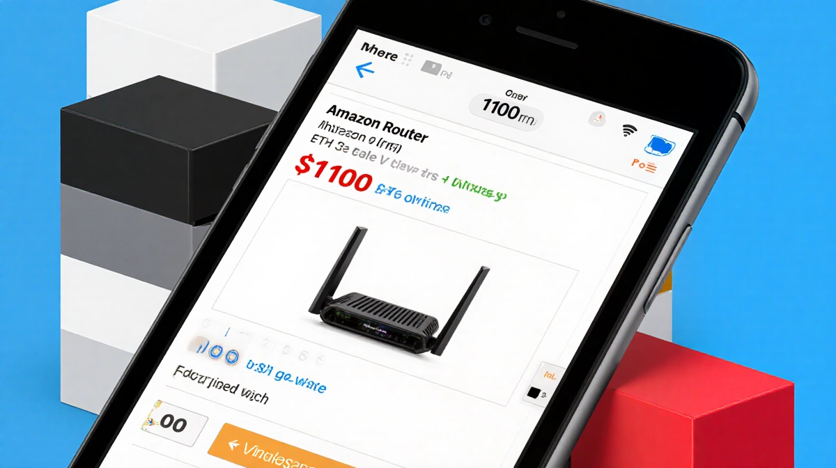 Smartphone shows Amazon router deal with $100 price tag and countdown timer with color options visible