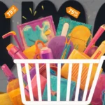 Overflowing digital shopping cart with colorful fashion and home products showing up to 75% off price tags with Amazon logo i