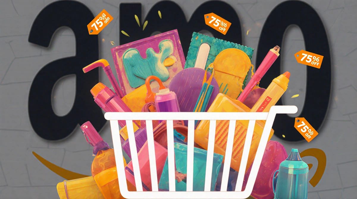 Overflowing digital shopping cart with colorful fashion and home products showing up to 75% off price tags with Amazon logo i