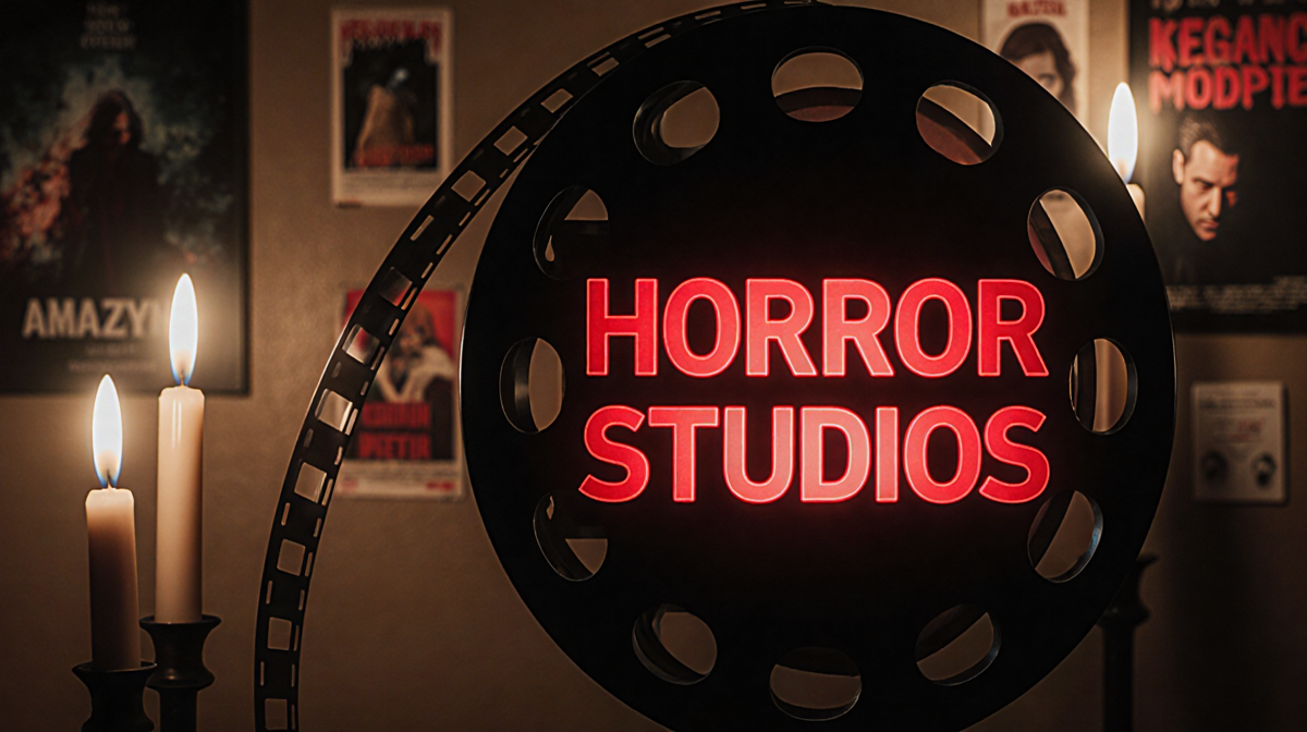 Film reel spinning with Amazon Studios logo and flickering candlelight near horror posters