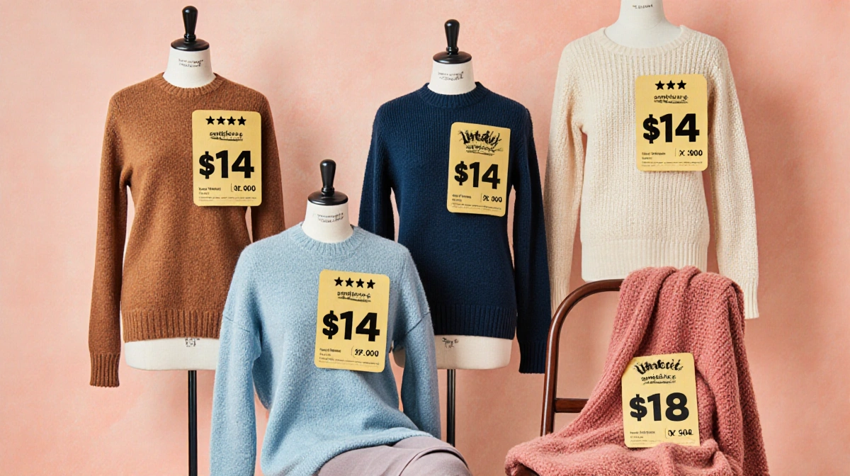 Cozy sweaters draped on chair with 5-star ratings and $14 price tag showing discount deals