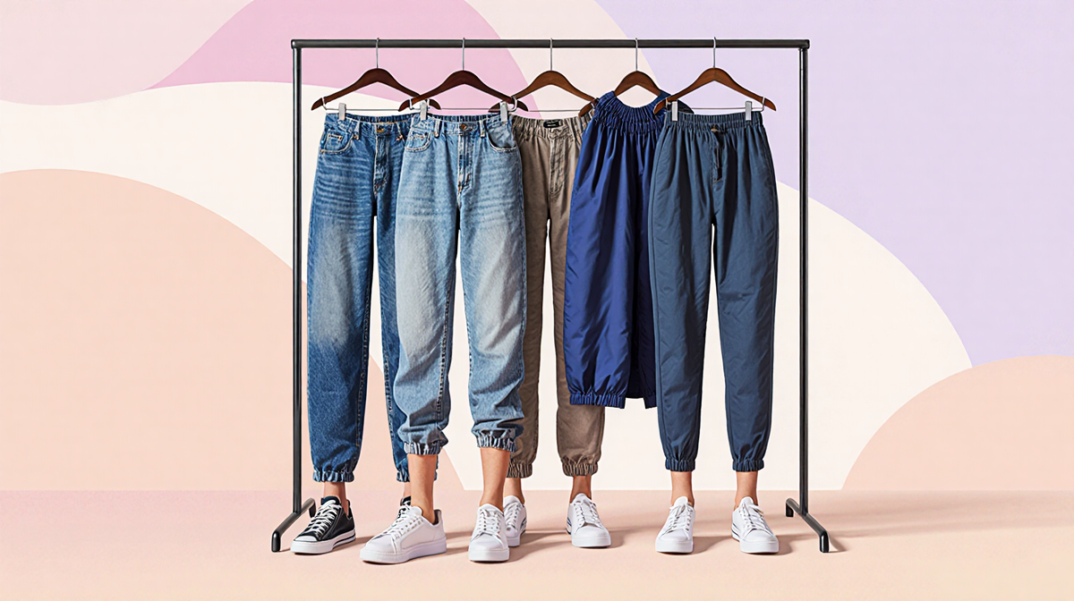 Rack of baggy pants hangs with pastel background and casual sneakers nearby.