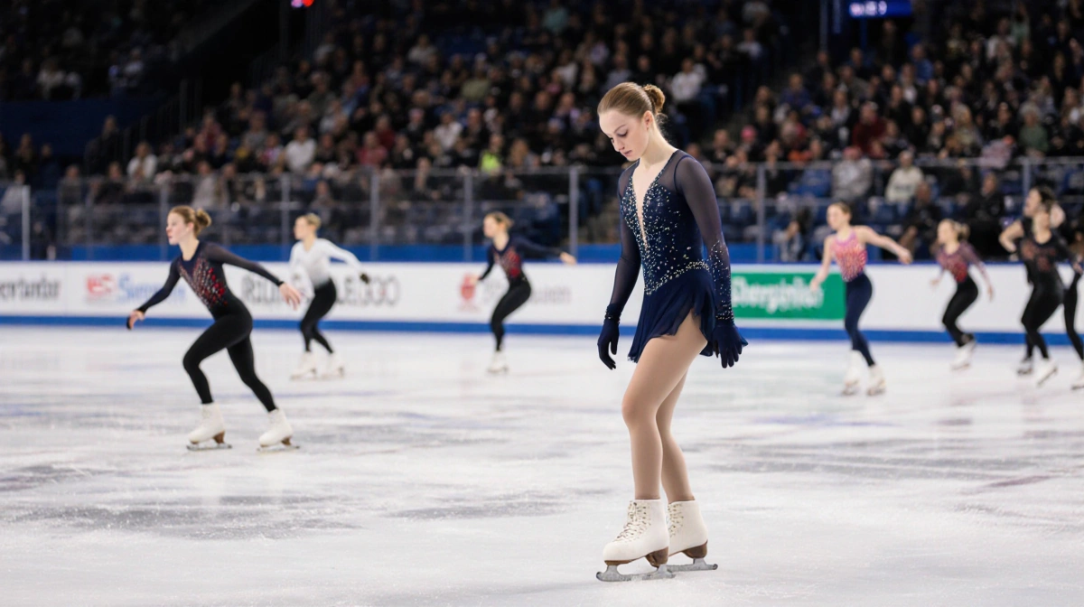 Amber Glenn stands alone on the ice with skates glistening under arena lights and competitors skating behind her