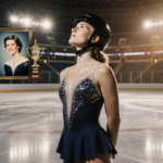 Amber Glenn standing on ice with helmet shining with inspiration under lights and a faded photo of Sarah Hughes on trophy cas