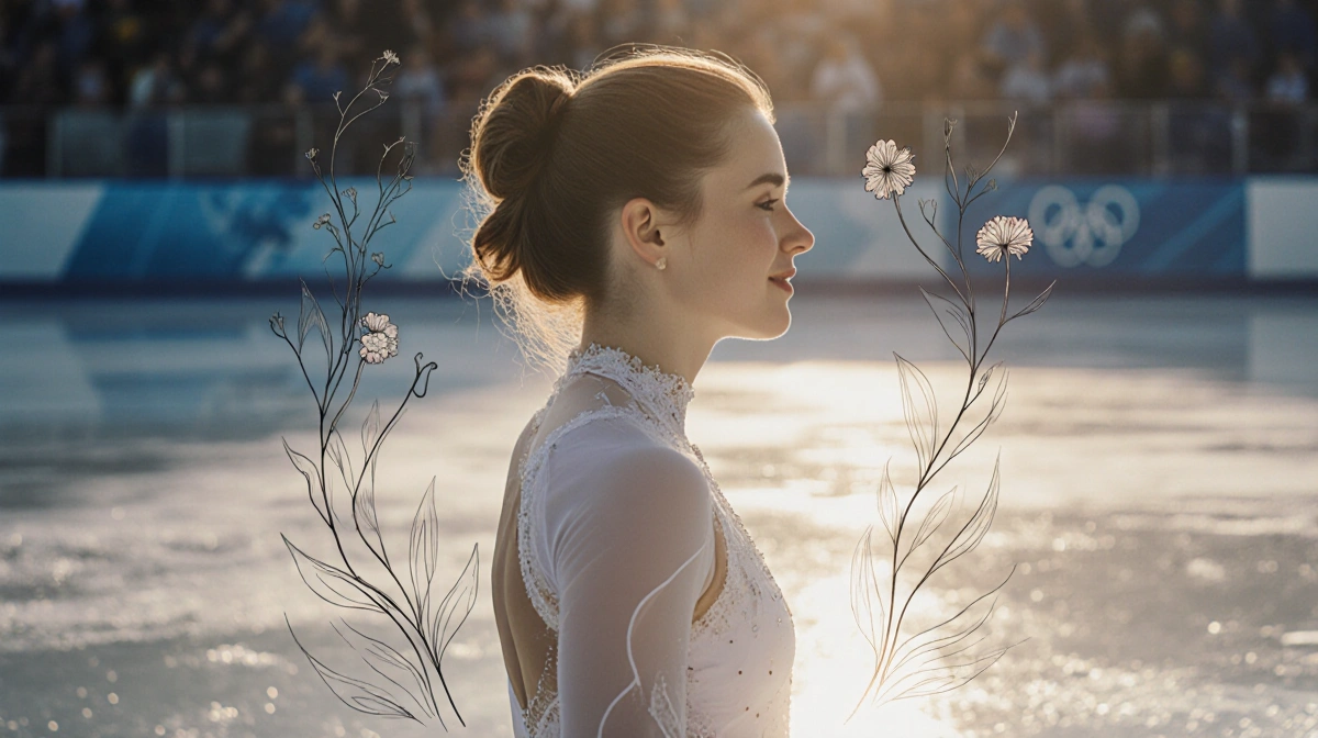 Figure skater Amber Glenn stands on ice with golden light and delicate flowers symbolizing resilience