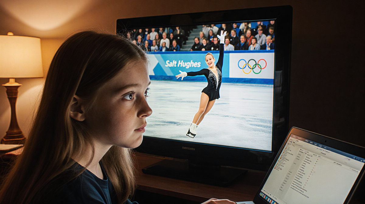 Amber Glenn watches Sarah Hughes' Olympic skate on TV with wide-eyed wonder and warm nostalgic lighting
