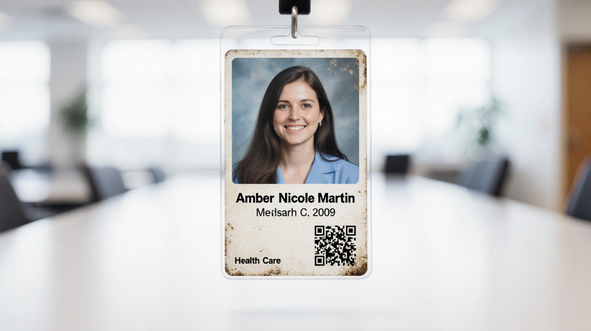 Worn medical ID badge rests on white background with University of Iowa Health Care logo and subtle workplace blur