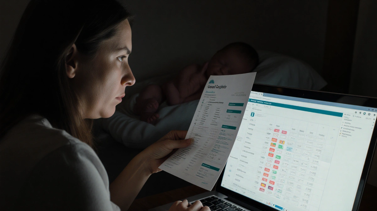 Mother studies medical test results on laptop with concerned expression and newborn silhouette behind