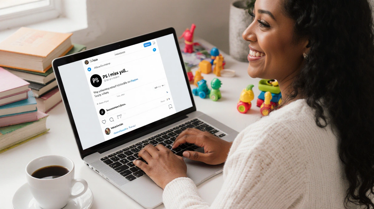 Amber Desiree Smith types on laptop with coffee and baby toys showing her gentle social media return