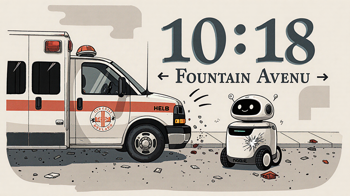 Ambulance careening toward a scratched food delivery robot with time 