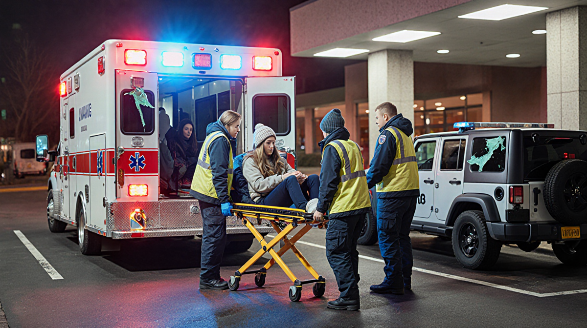Ambulance pulls up to ER entrance with flashing police lights as medical team moves a stretcher with two young girls.