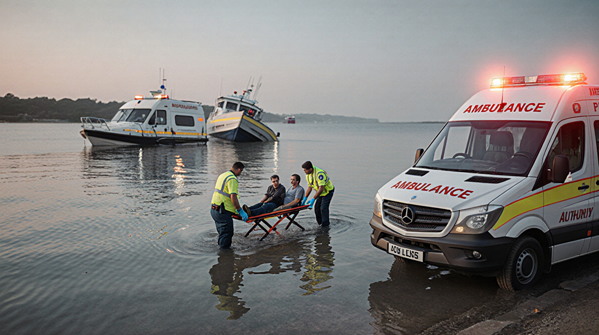 Medical staff attending injured tourists on stretcher with ambulance lights flashing and capsized boats in background