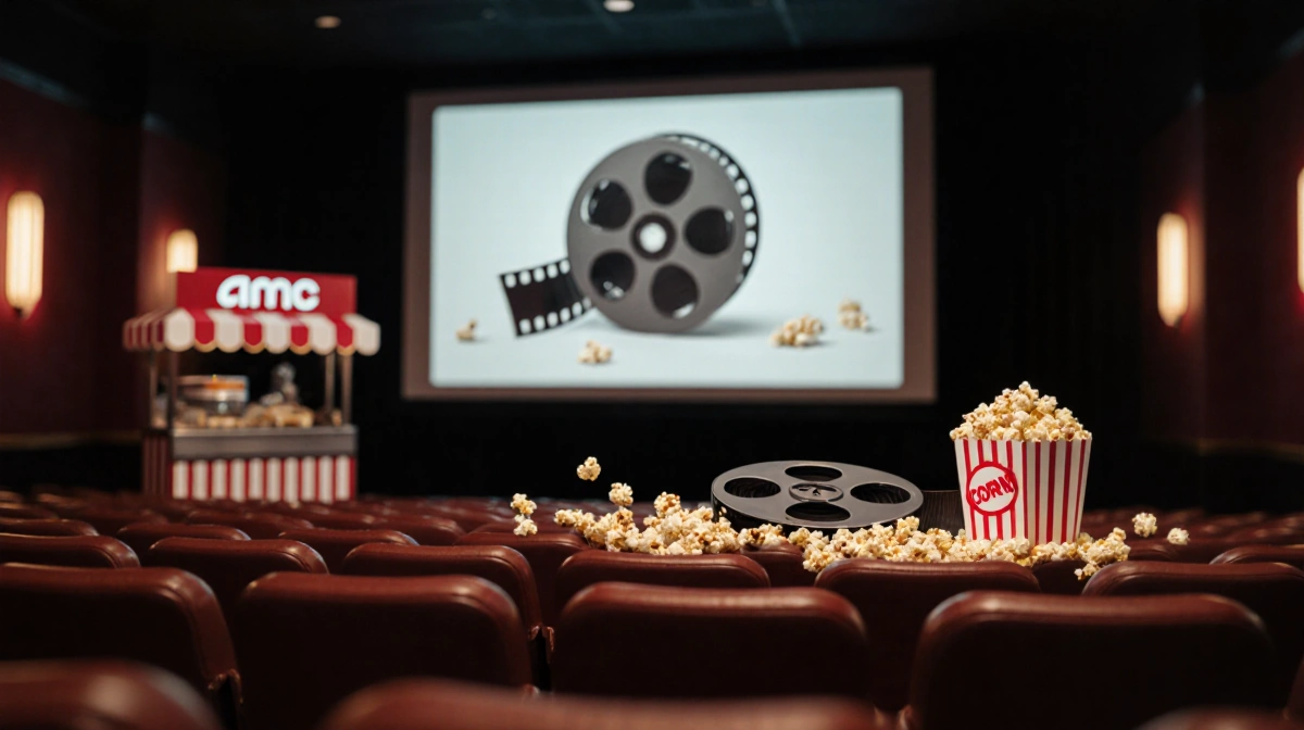 Movie screen shows film reel with popcorn kernels scattered around and theater seats visible